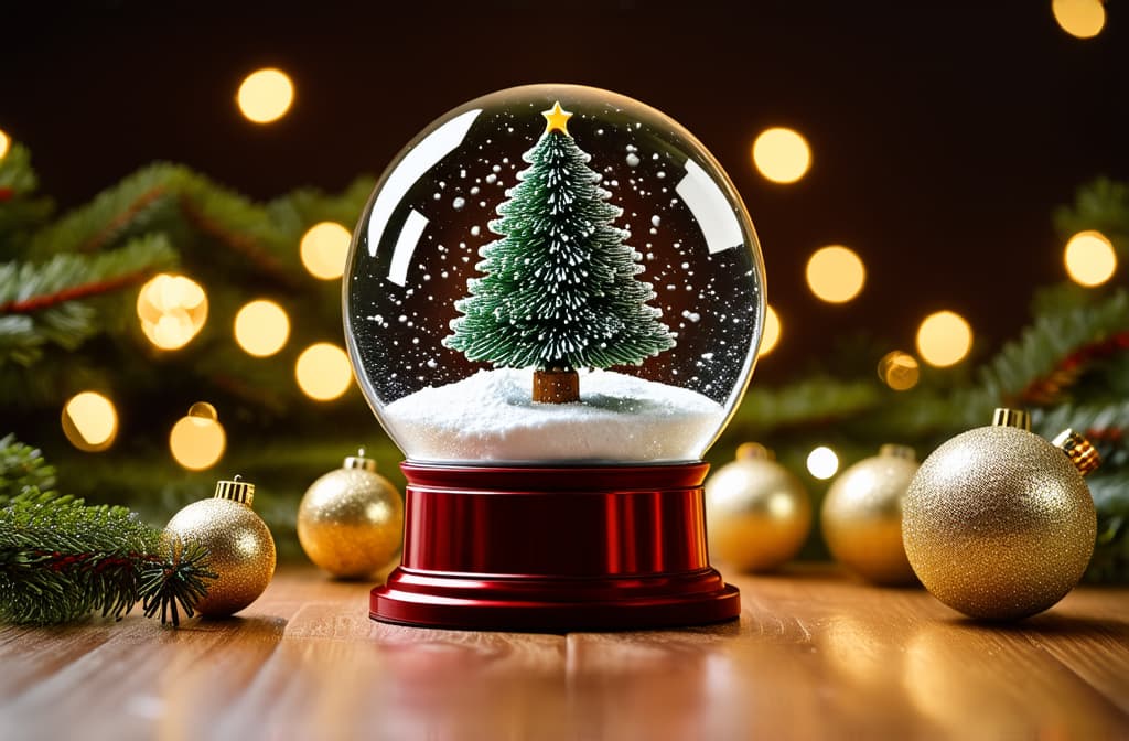  professional detailed photography, christmas snow globe with fir tree and golden decorations on wooden table. holiday background with bokeh lights. holiday decor. flat lay composition with copy space for design and print. ar 3:2, (muted colors, dim colors, soothing tones), (vsco:0.3)