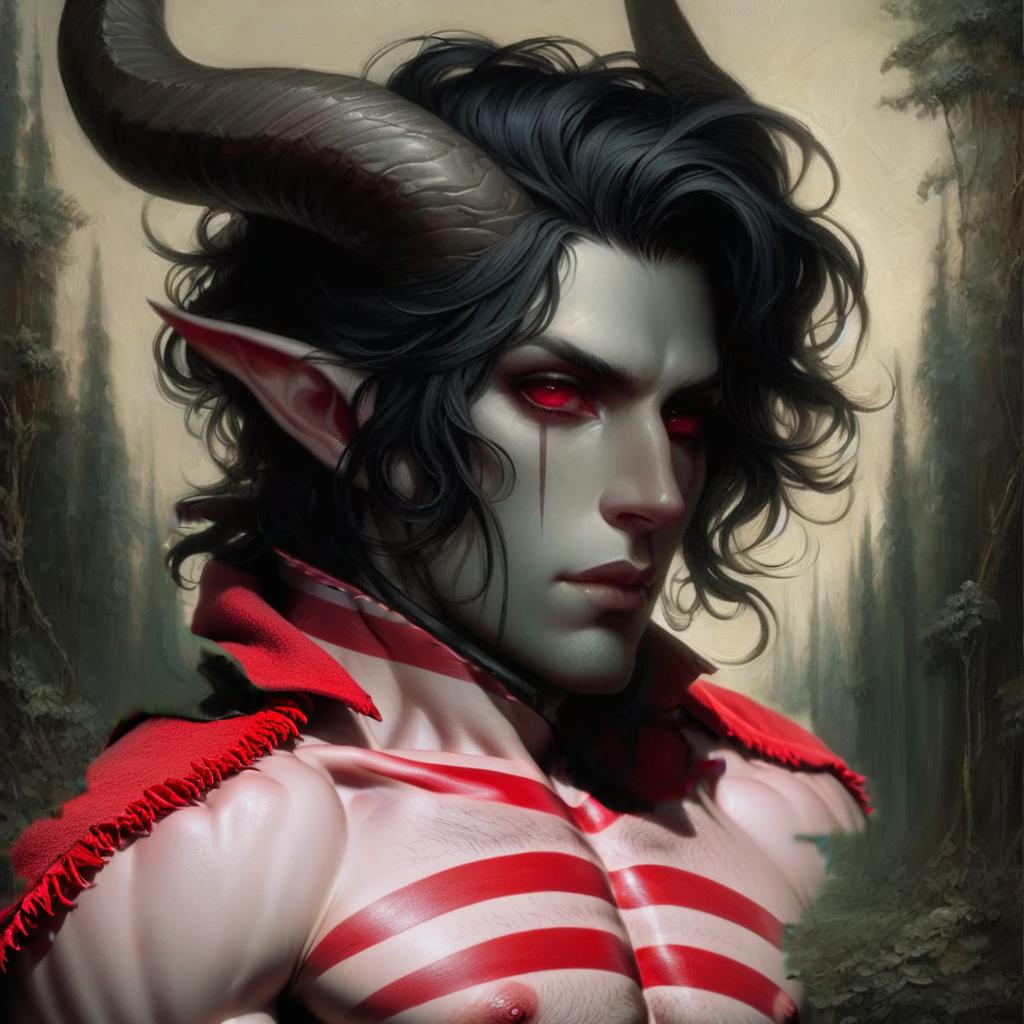  a man with red eyes and red stripes passes through the eyes, horns go back and up, black wavy hair, skin color gray, on the body of a mantle with black wolf skin