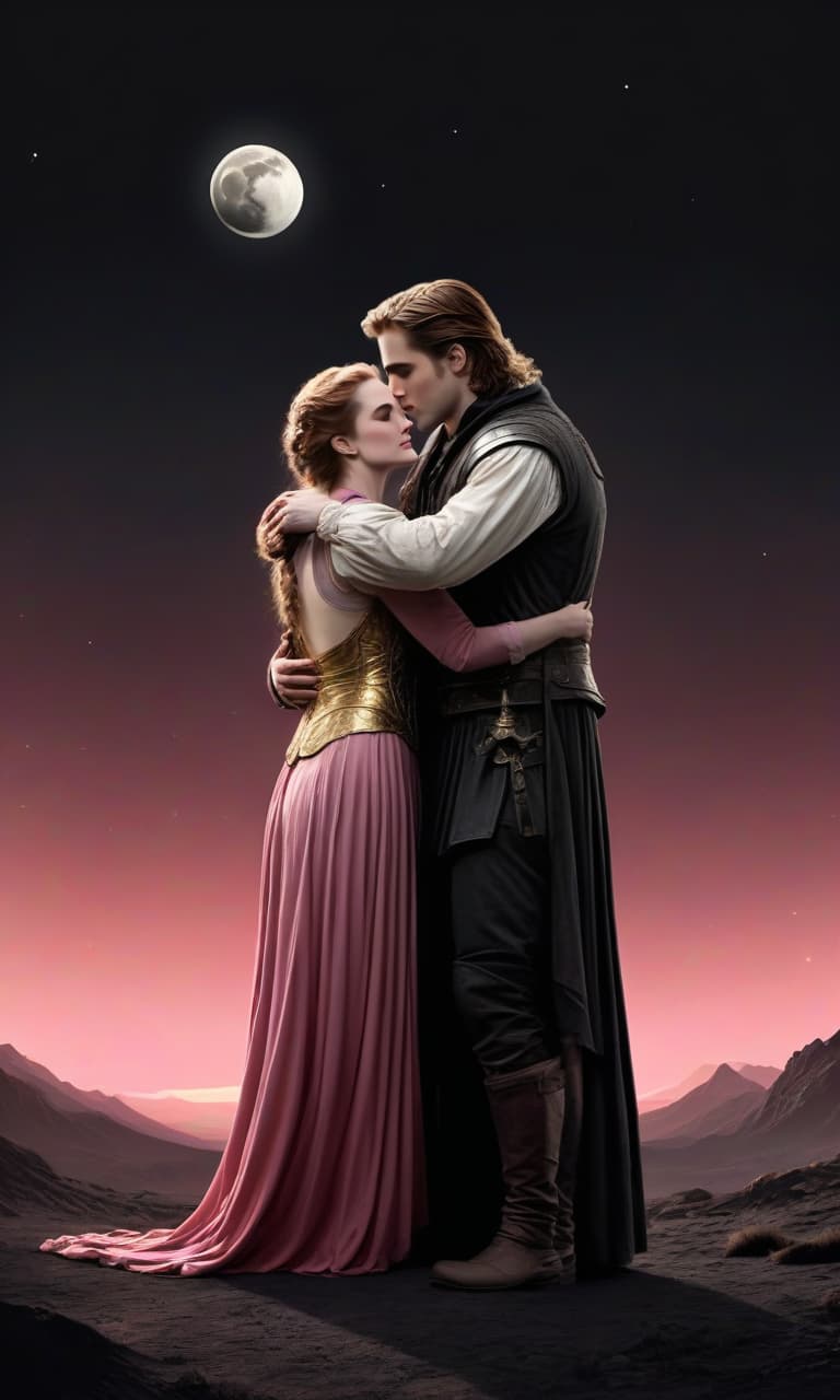  concept art pink, gold, black, white on the background of a huge moon eclipse robert pattison hugs christian steward they stand in the waist. twilight behind . digital artwork, illustrative, painterly, matte painting, highly detailed, perfect hands