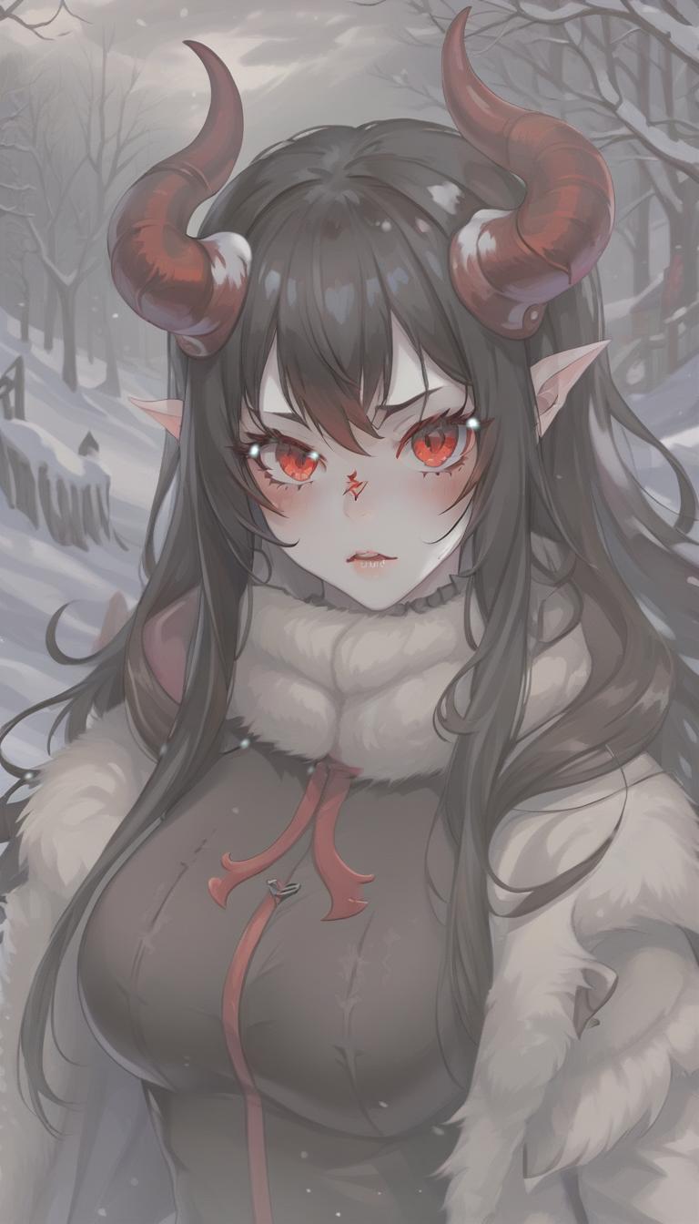  breathtaking demon girl, white skin, red horns, black long hair, red eyes, winter clothes . award winning, professional, highly detailed, sticker