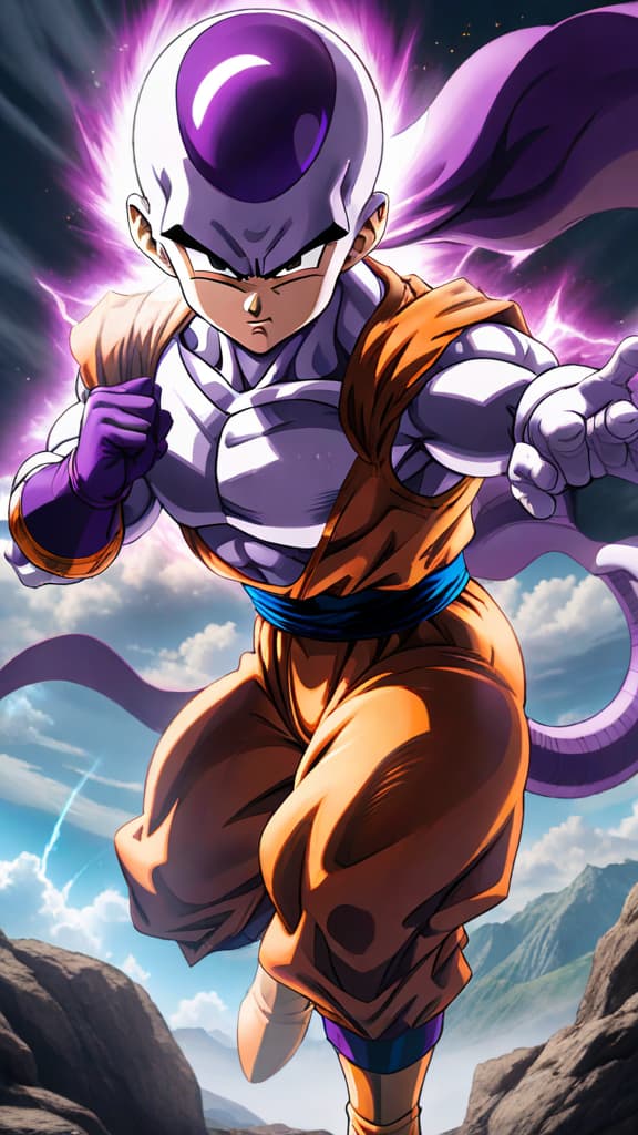  anime art: krillin delivers the final blow to frieza, altering dragon ball z's fate forever. hyperrealistic, full body, detailed clothing, highly detailed, cinematic lighting, stunningly beautiful, intricate, sharp focus, f/1. 8, 85mm, (centered image composition), (professionally color graded), ((bright soft diffused light)), volumetric fog, trending on instagram, trending on tumblr, HDR 4K, 8K