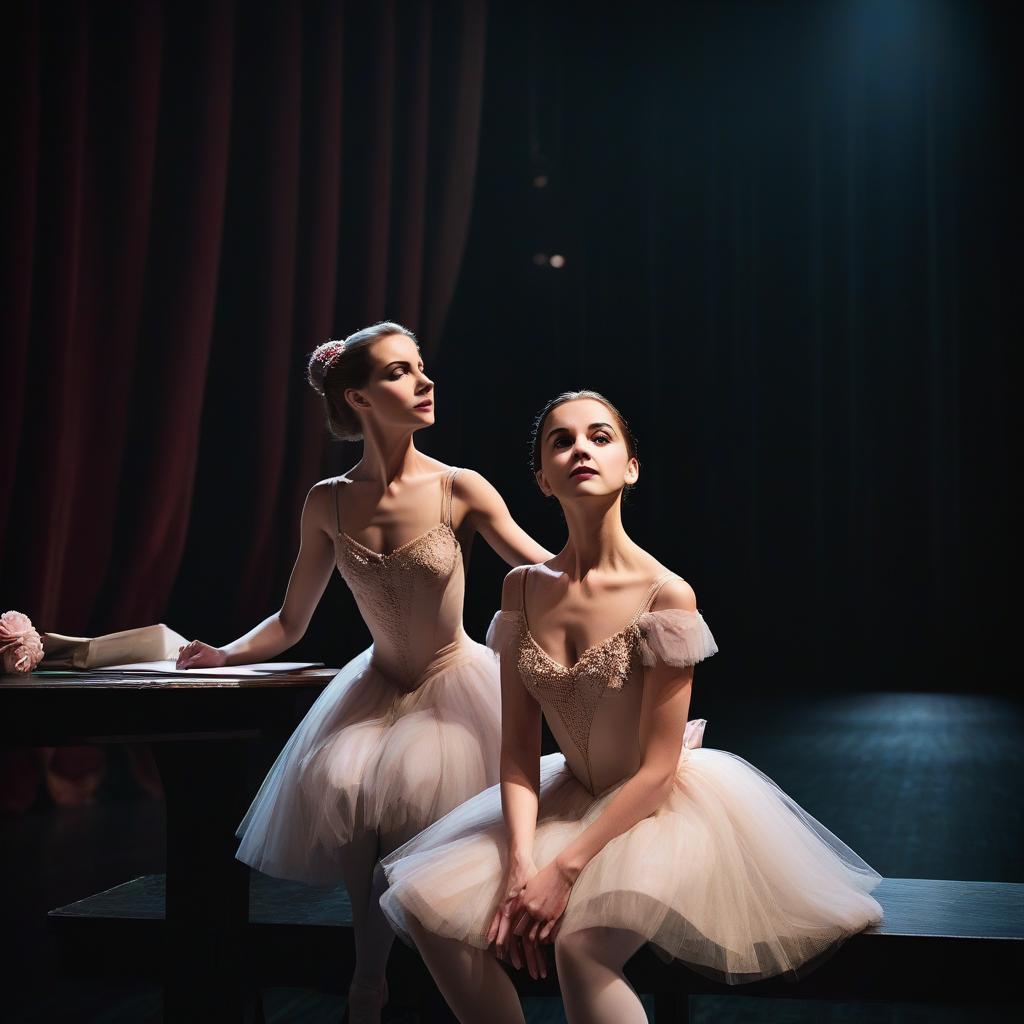  ballerina and opera singer sit at a table on the dark stage of the theater against the background of the curtain