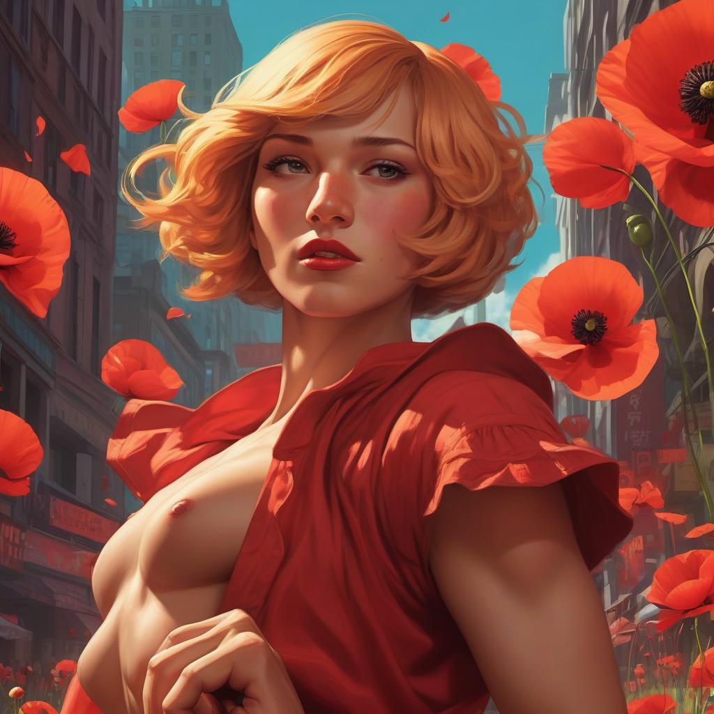  street fighter style woman from metropolis 1926 poster, red dog, poppies . vibrant, dynamic, arcade, 2d fighting game, highly detailed, reminiscent of street fighter series