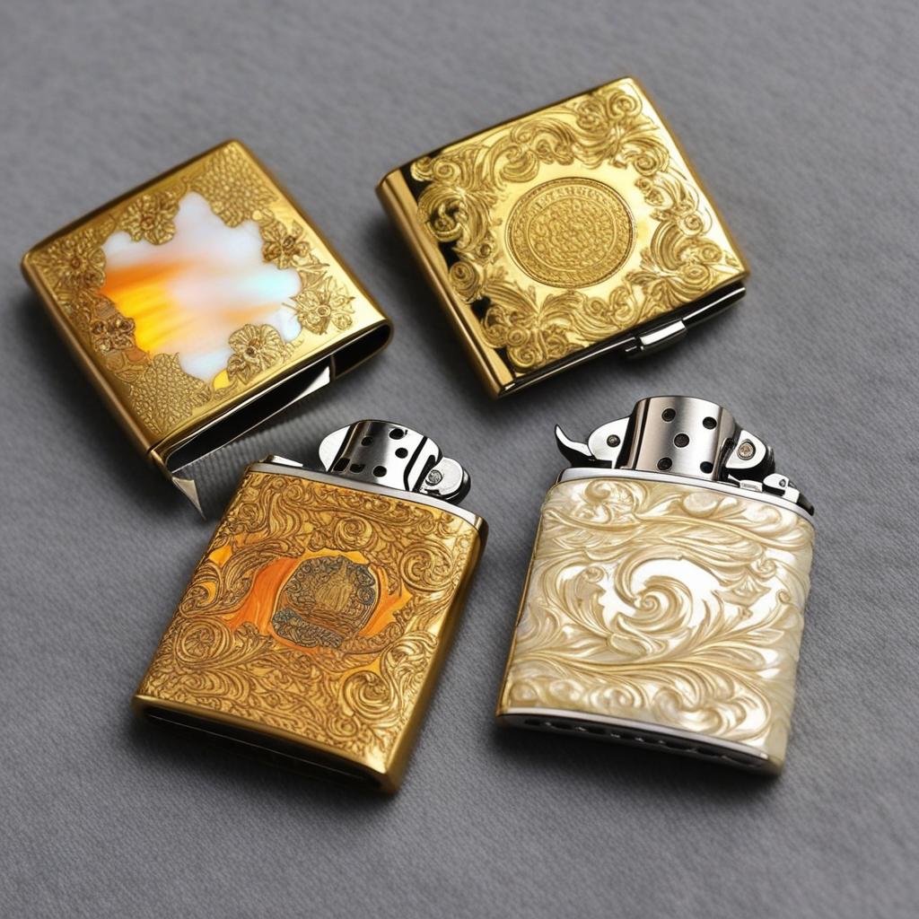  masterpiece, best quality,Draw a Zippo kerosene lighter shell decorated with figures, patterns using mother-of-pearl craft, put the lighter on the table