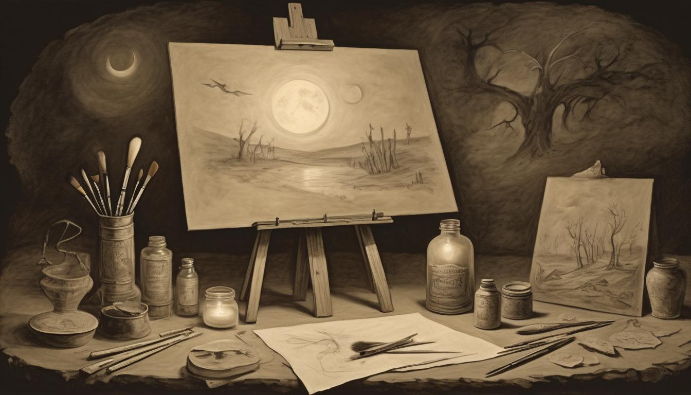  on parchment, surrealism++, an artist's easel illuminated by moonlight, paintbrushes scattered around, unfinished canvas glowing faintly, creativity in progress, ethereal and inspiring(mysterious, provocative, symbolic)++