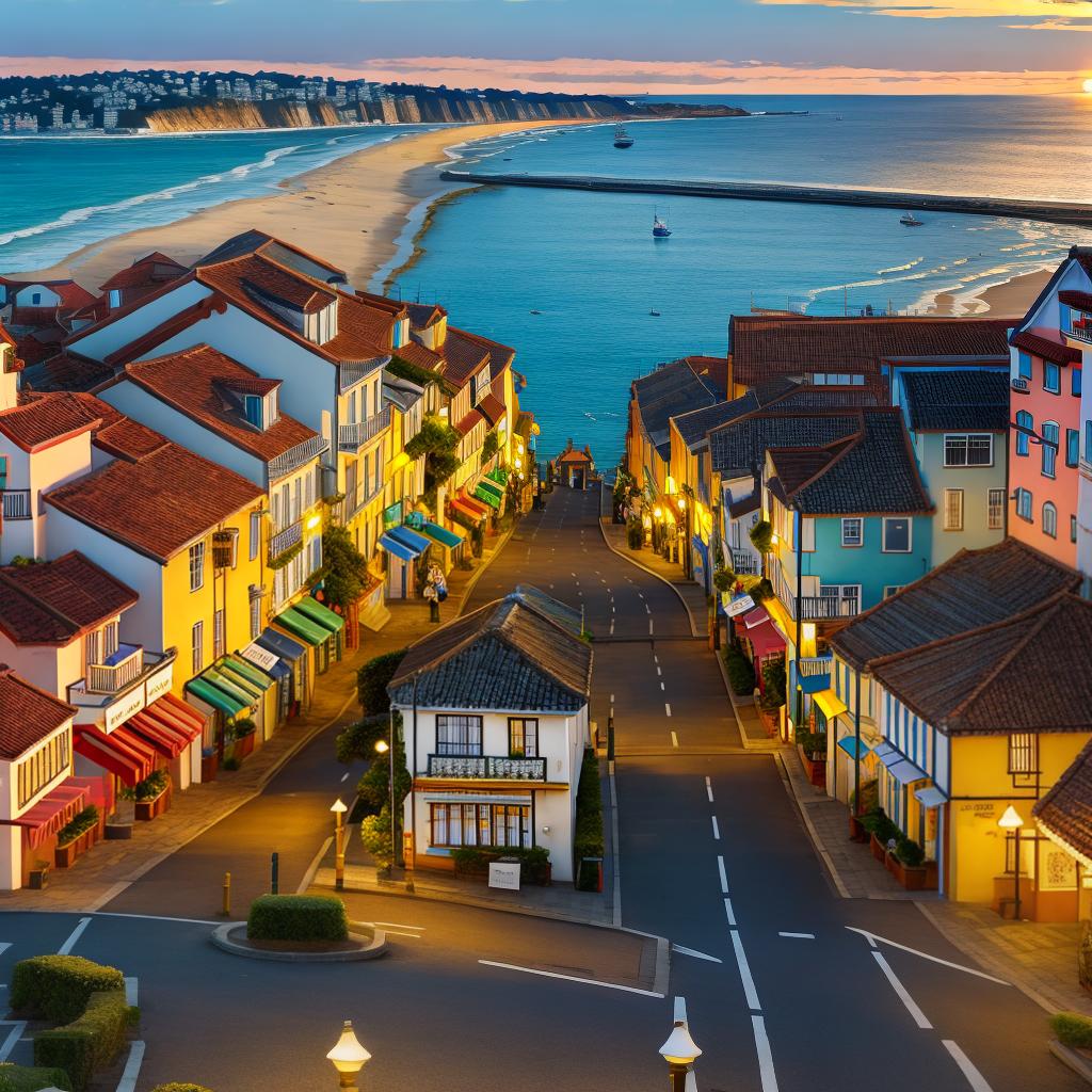  masterpiece, best quality, Seaside town with golden sunset