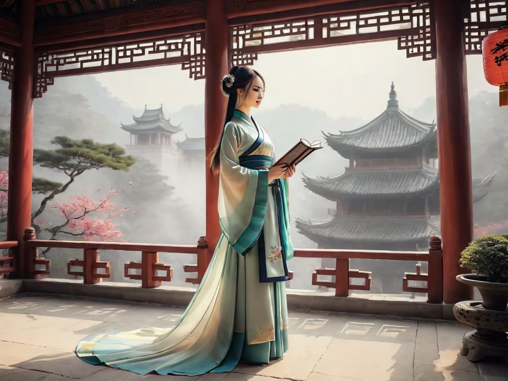  ancient beauty, traditional attire, graceful pose, long hair, elegant fan, ancient chinese architecture, pagoda, traditional courtyard, ink wash painting, watercolor style, art inspirations: ancient chinese paintings, camera shot: medium shot, lens: 50mm, soft lighting, detailed rendering, high resolution