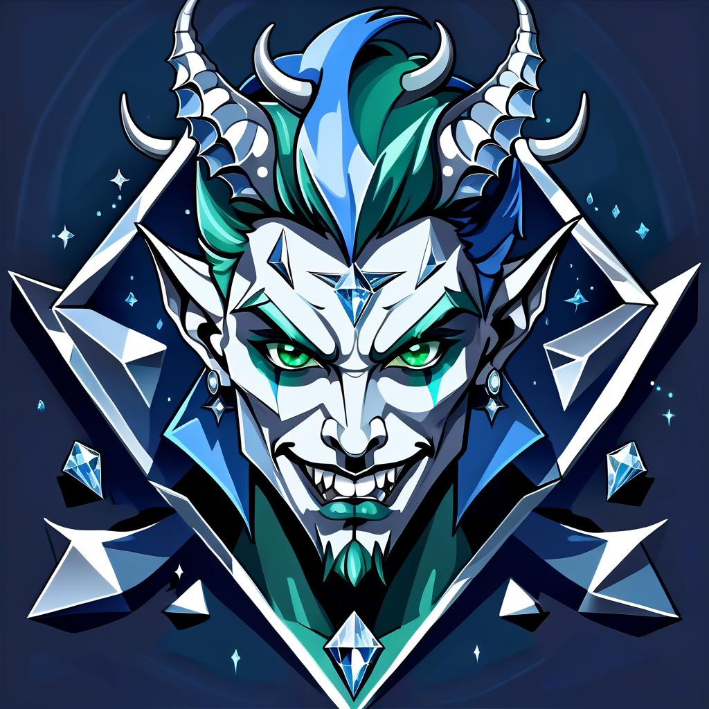  fairy tale diamond devil, portrait. dark green eyes, man. kind. hair gray. with fangs and horns. colors blue, blue, silver . magical, fantastical, enchanting, storybook style, highly detailed