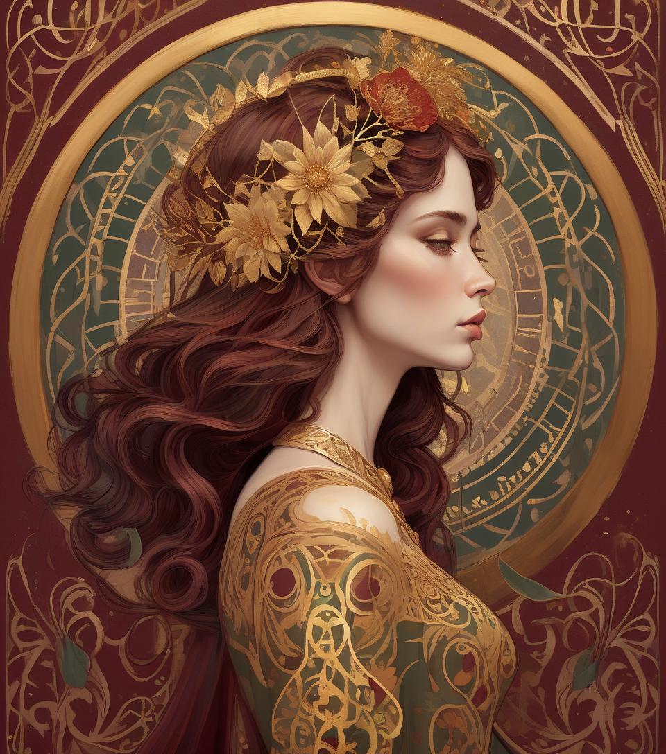  concept art an illustration of a woman with a decorative halo, reminiscent of art nouveau style, featuring intricate patterns and gold accents. beautiful portrait. colors kale, gold, rust, burgundy, black. an illustration of a woman with hazel eyes, a decorative metallic gold halo, reminiscent of art nouveau style, featuring intricate patterns and gilded accents, created in the detailed painting technique reminiscent of the style of gustav klimt's work. . digital artwork, illustrative, painterly, matte painting, highly detailed