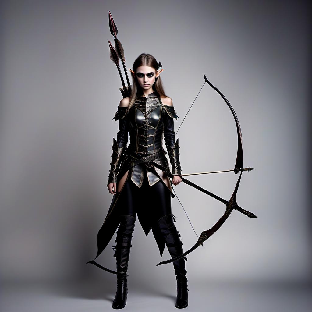  the girl is an elf, a crook, dressed in light leather armor, a black bandage hides her eyes, her hair is black, naughty, shoulder long, behind her a short bow and a quiver with arrows, a short sword on her belt