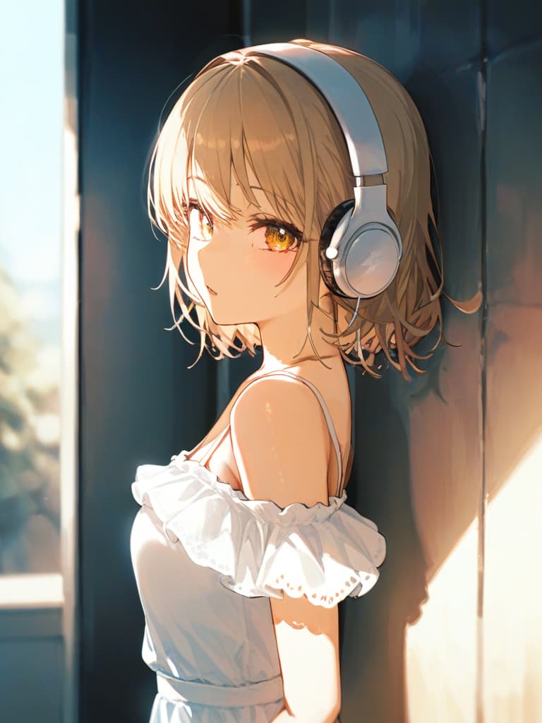  white frilled dress swimwear, back, blonde twin tail, leaning on walls, , white headphones, whole body, masterpiece, best quality,8k,ultra detailed,high resolution,an extremely delicate and beautiful,hyper detail