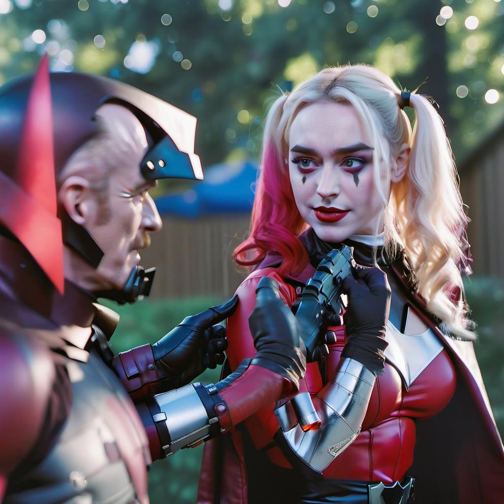  cinematic photo sabrina carpenter as harley quinn and michael fassbender as magneto . 35mm photograph, film, bokeh, professional, 4k, highly detailed, film photography style