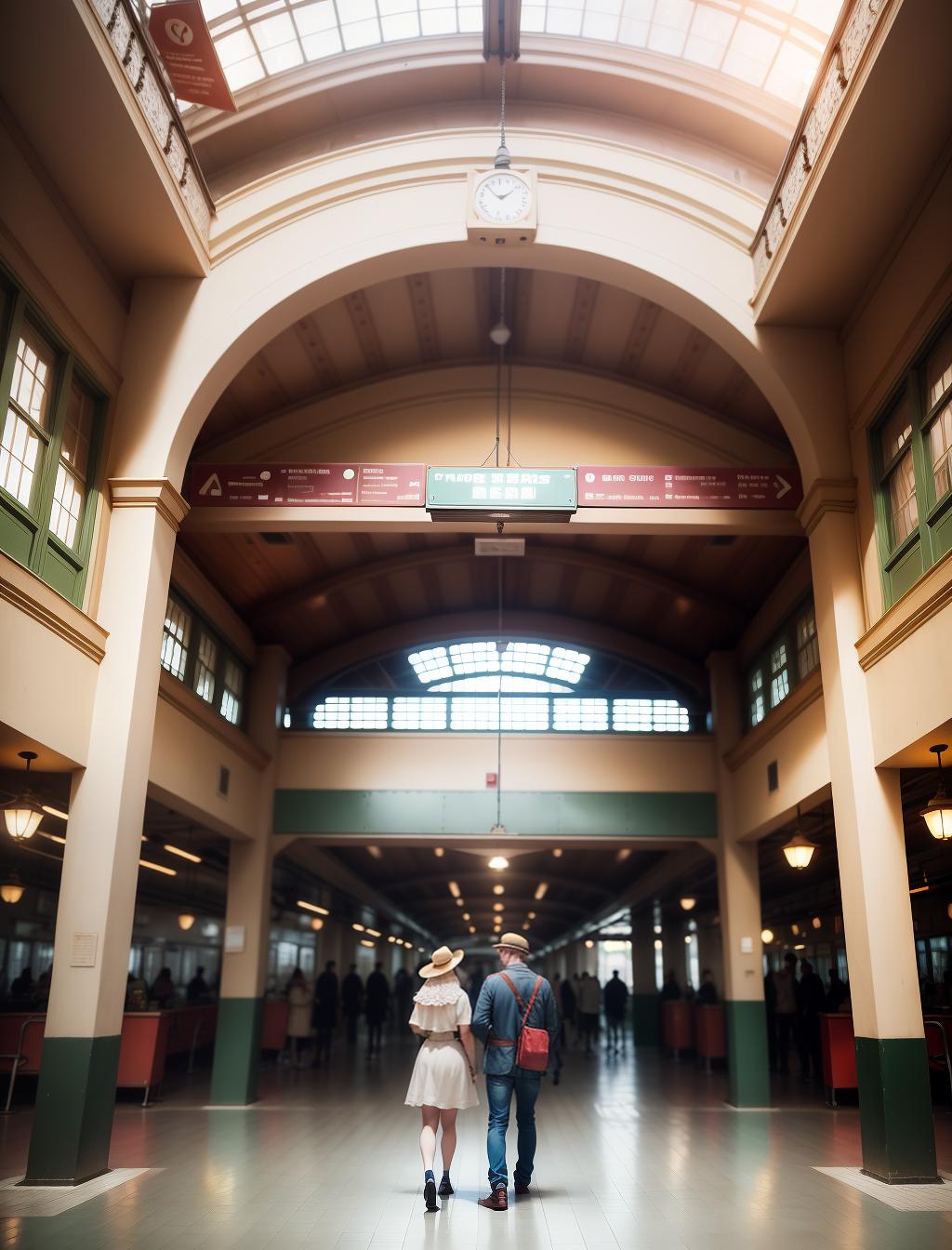  vintage style travel photography of a train station in europe, with people and old luggage.