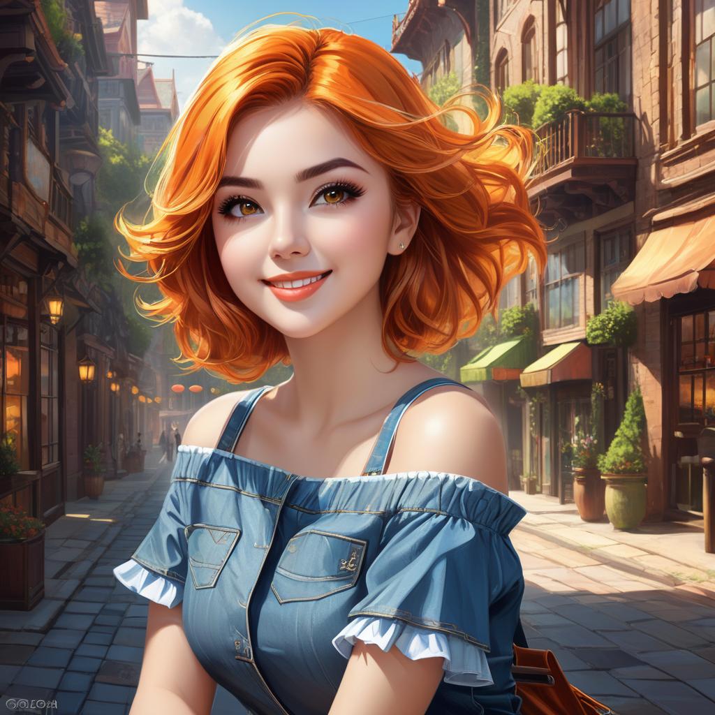  concept art best quality, masterpiece, high resolution, beautiful eyes, bitcoin detailed background, (1 , solo:1.5),bobcut, orange hair,(flax eyes),(smile),(off shoulder frill and tight jeans),(large s), (backlighting),(face lighting),(close view:0.8),[pov:1.2], from above, summer, shiny, daytime in the city of bitcoin. digital artwork, ilrative, painterly, matte painting, highly detailed