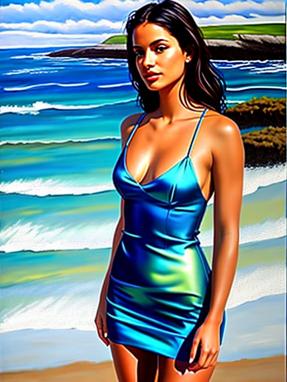  oil painting, oil girl in an oil revealing silk mini dress with a neckline, the background of the sea shore is painted with acrylic, darkening with ink, simple, clean, uncluttered, modern, elegant