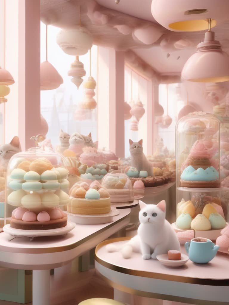  lots of dessert, pastel color, cat cafe, masterpiece, best quality,8k,ultra detailed,high resolution,an extremely delicate and beautiful,hyper detail