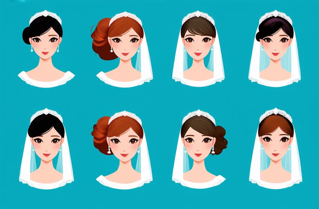  flat illustration, flaticon, (illustration:1.15), different beauty. set of different female heads in wedding veil. different races and nationalities. colored hand drawn illustration ar 3:2, [cory loftis, strobist, pascal campion :: 0.2]