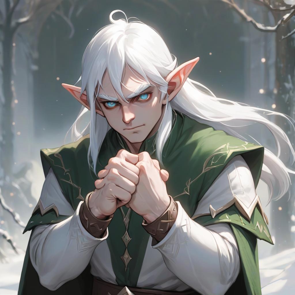  white haired elf man clutching his fists