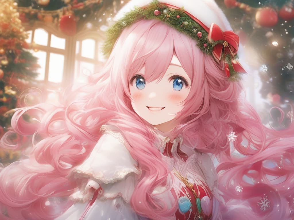  pink hair, santa's cosplay, smile, christmas, splash curl hair, masterpiece, best quality,8k,ultra detailed,high resolution,an extremely delicate and beautiful,hyper detail