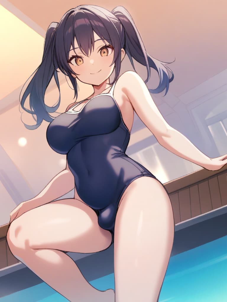  women's elementary students (male), twin tails, cute smiles, (rich s), low stature, dark blue swimwear, old swimwear, , simple (upward), male , (bulge), shaped clear , front , whole body, pool side,