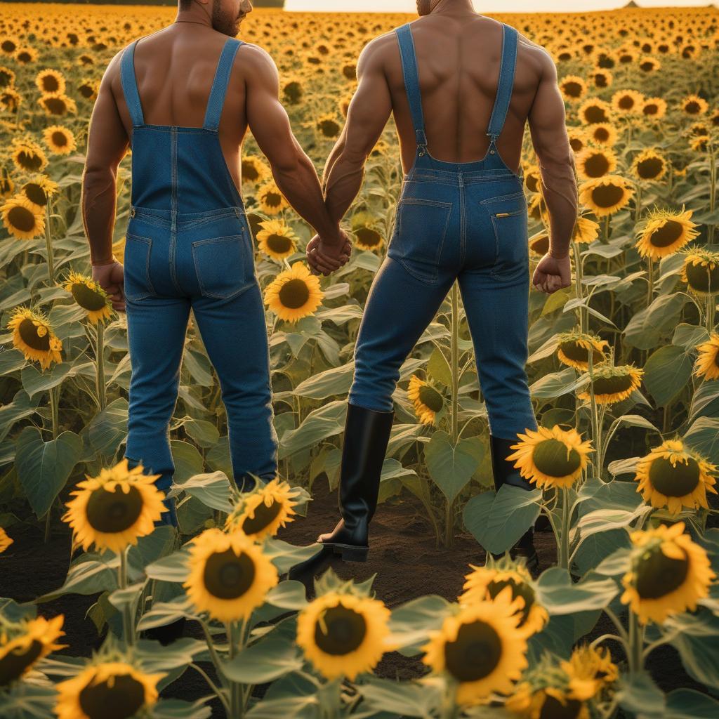  masterpiece, best quality, Two muscular men standing in a field of sunflowers, looking out onto a setting sun and holding hands. They are each dressed in overalls and black-knee-high leather boots. Their bare shoulders and arms are glistening with sweat.