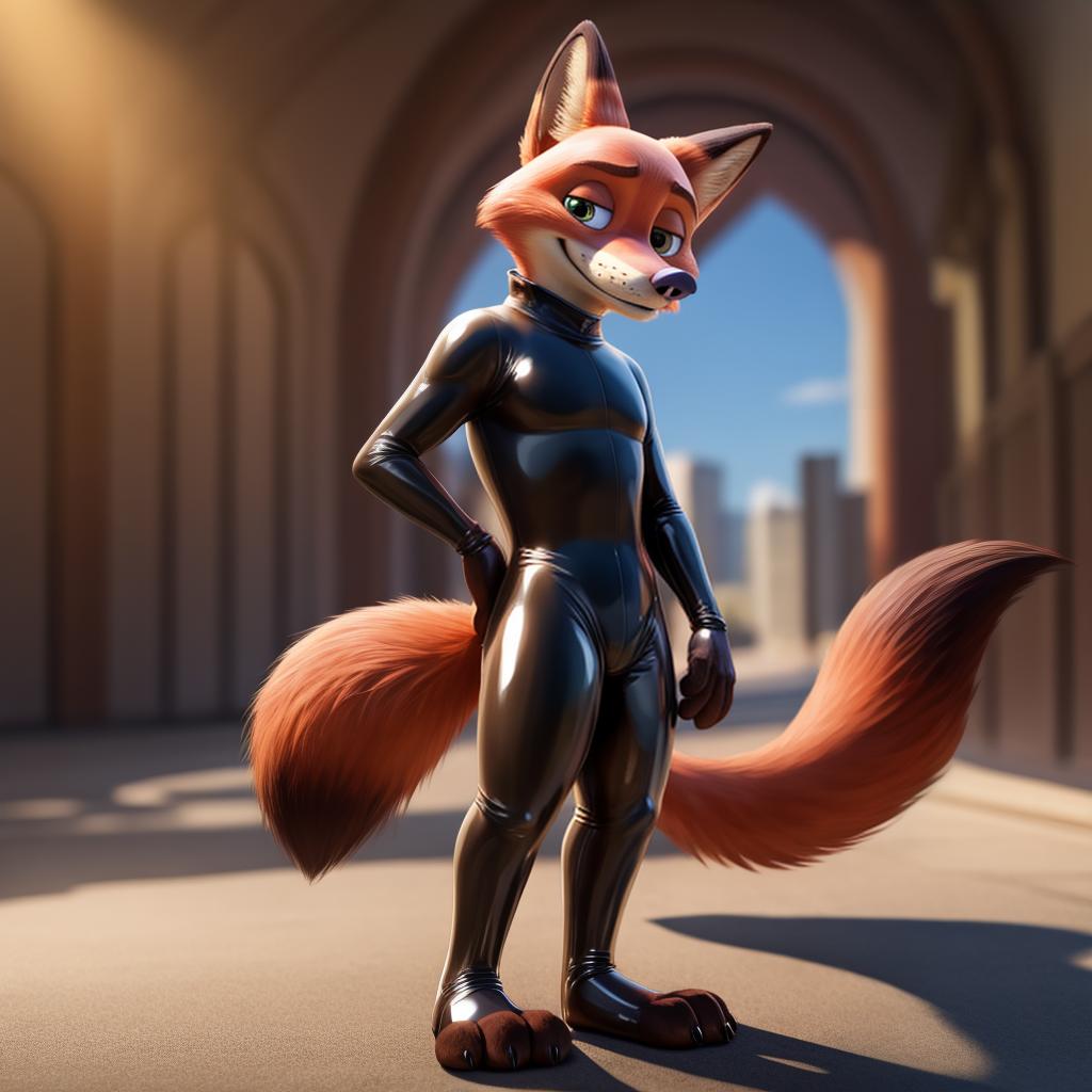  Nick wilde wearing full body shiny rubber suit, open eyes, digital art, masterpiece, 4k, fine details,