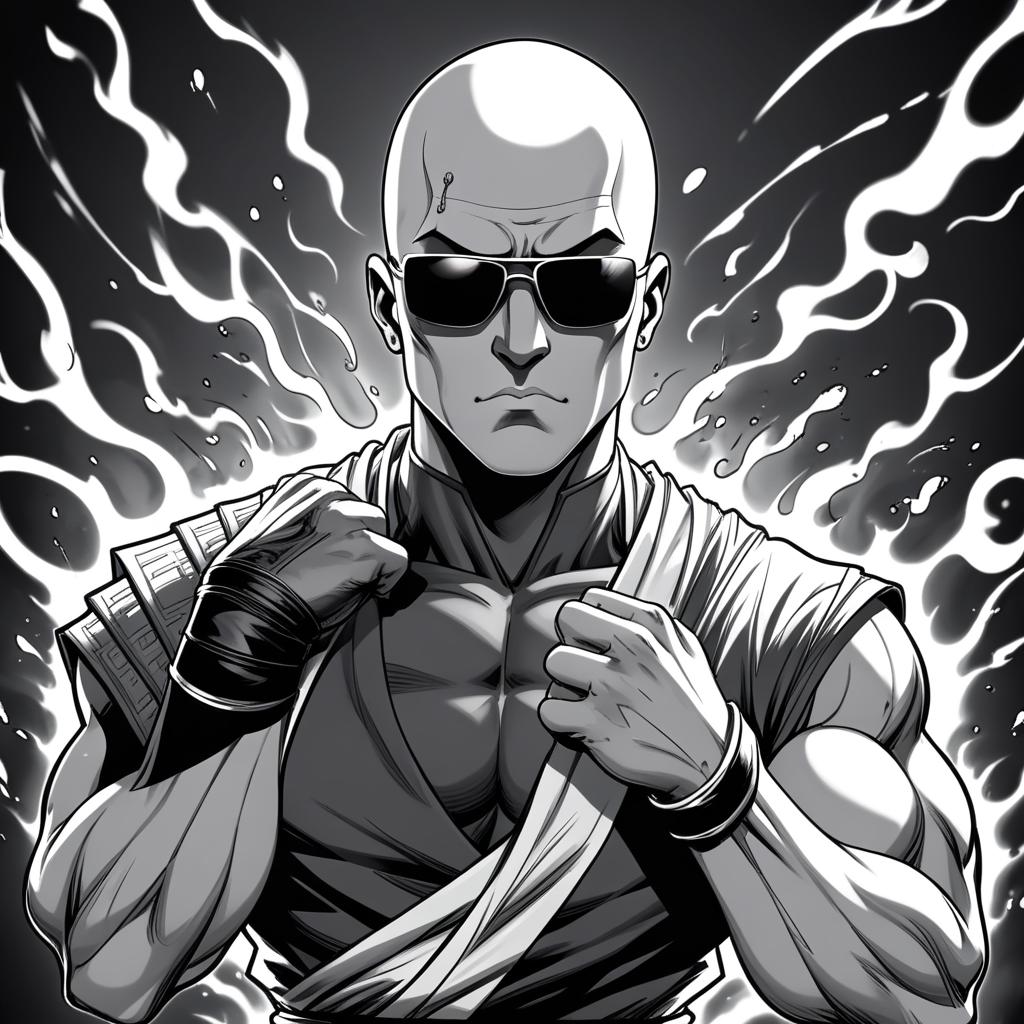  manga artwork a male bald monk,he has johnny cage appearance,make him serious with some menacing aura around him,draw him manga style black and white during a impact frame,he wears sun glasses impact frames. manga artist. manga, highly emotional. best quality, high resolution