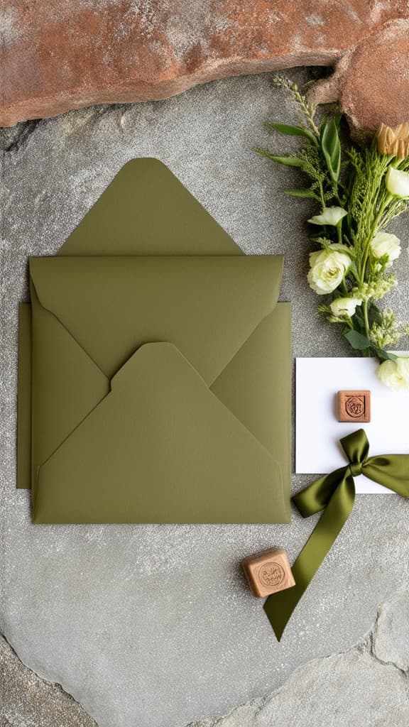  top view photo of wedding stationery set on stone background. flat lay olive color envelopes, blank paper cards, wax stamp, green ribbon, flowers. ar 9:16 {prompt}, maximum details