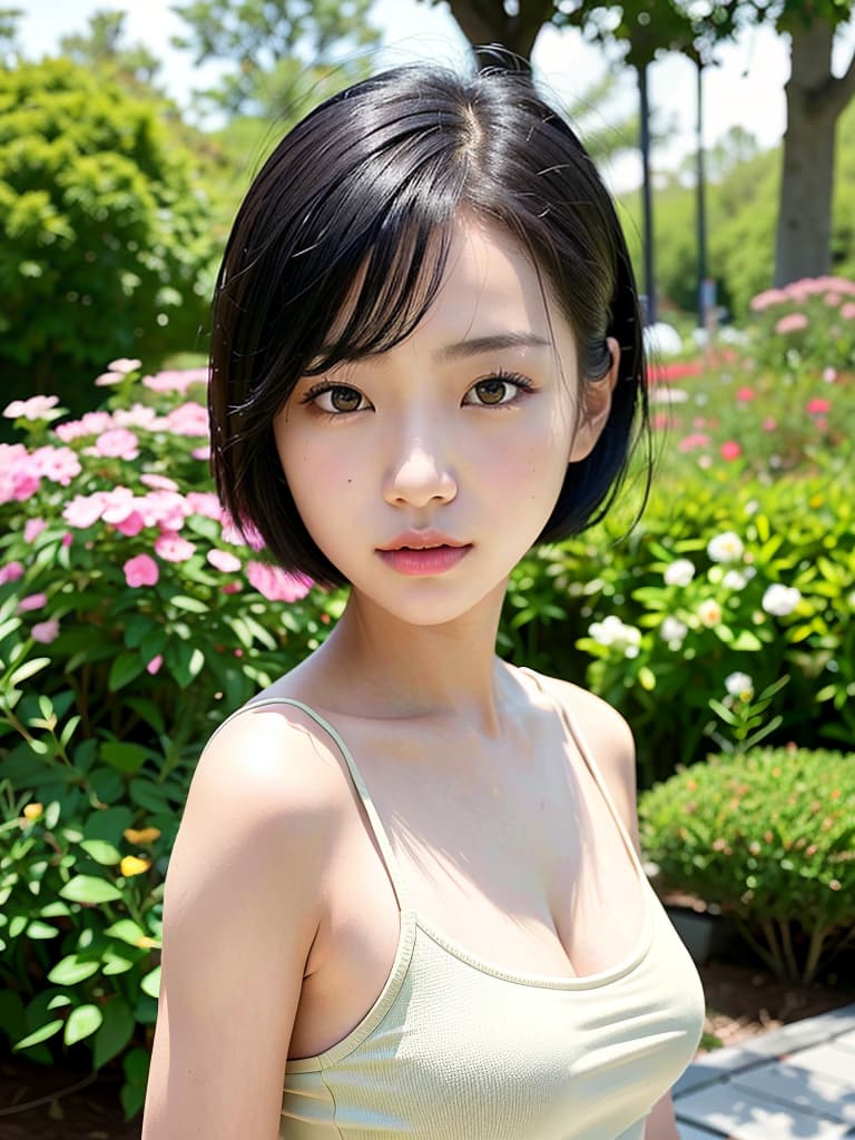  very young asian girl, standing, black short hairstyles, garden., (Masterpiece, BestQuality:1.3), (ultra detailed:1.2), (hyperrealistic:1.3), (RAW photo:1.2),High detail RAW color photo, professional photograph, (Photorealistic:1.4), (realistic:1.4), ,professional lighting, (japanese), beautiful face, (realistic face)