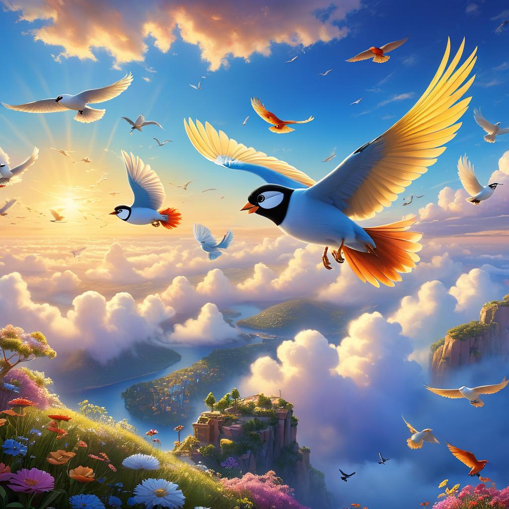  in 3d animated movie style. disney pixar style. [main character]: puffy, a young, gentle character, joining chirpy, wise, and helpful birds with multicolored feathers in flight. [art style]: high resolution, pixar 3d animated film style. [environment]: a vast, clear sky with wispy clouds and a stunning view of the land below, evoking freedom and wonder. [color and lighting]: soft blues and whites for the sky, vibrant, colorful feathers of the birds, and gentle hues surrounding puffy. bright, warm lighting enhances the magical and adventurous atmosphere. [composition]: dynamic, sweeping bird's eye view to highlight the fluid motion of puffy and the birds soaring together, emphasizing unity and exploration in the scene.