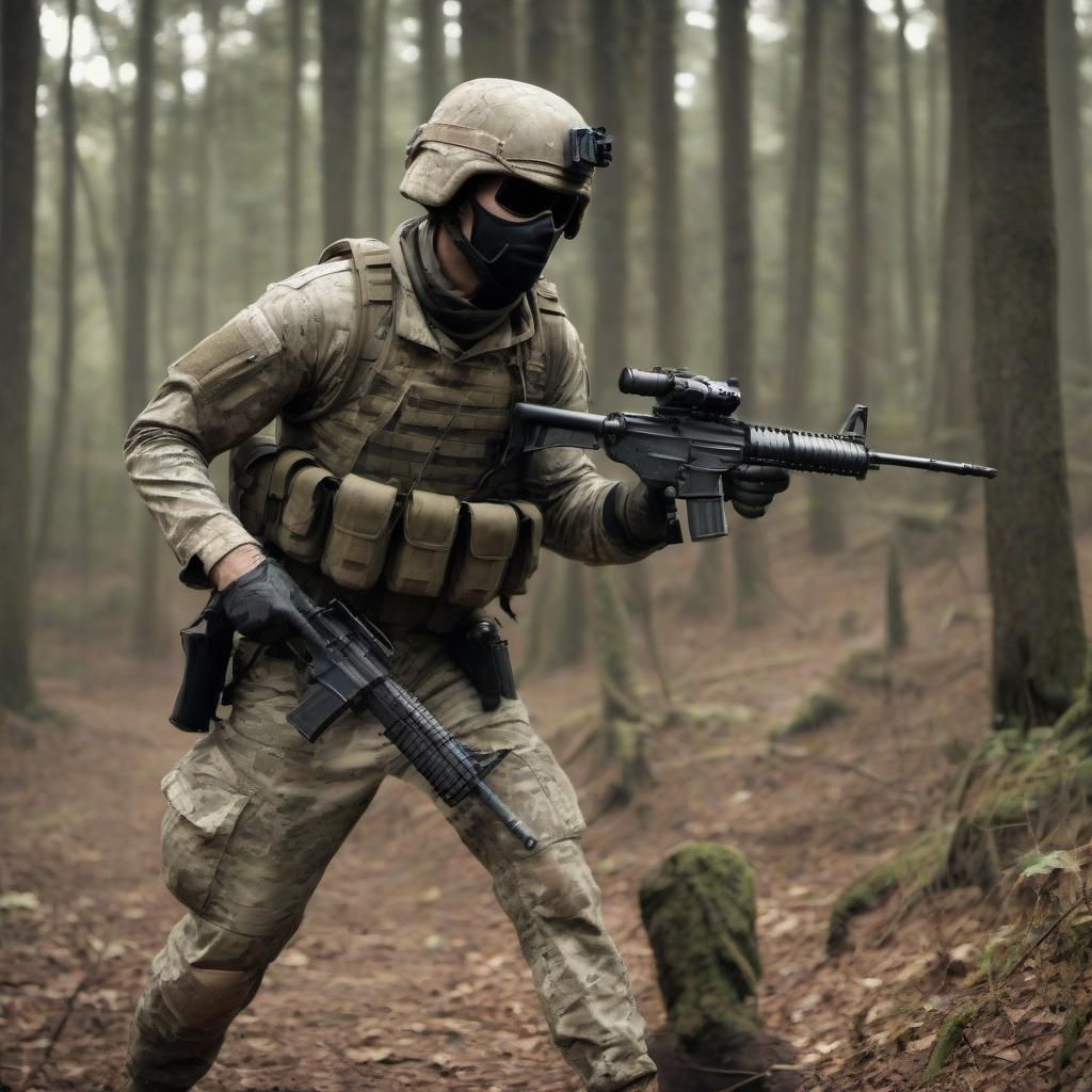  crazy soldier in the woods in assault