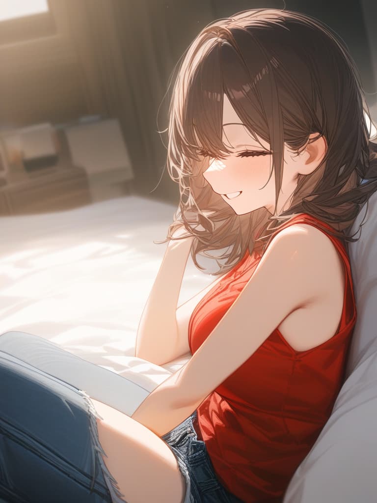  sleep in brown hair girl, smile, red t shirt, denim shorts, bed,, masterpiece, best quality,8k,ultra detailed,high resolution,an extremely delicate and beautiful,hyper detail