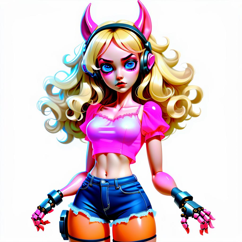  a girl in short short shorts and pink top beautiful, 1 girl, bat, robot arm, robot leg, dressed in a transparent blouse, wearing shorts, heterochromia of eyes, eye blue, eye pink, ears of different colors, ear blue, ear pink, super body detailing, eye detail, full height, background field. hair color yellow blonde, hairstyle curls, ears fluffy, vampire, different poses.