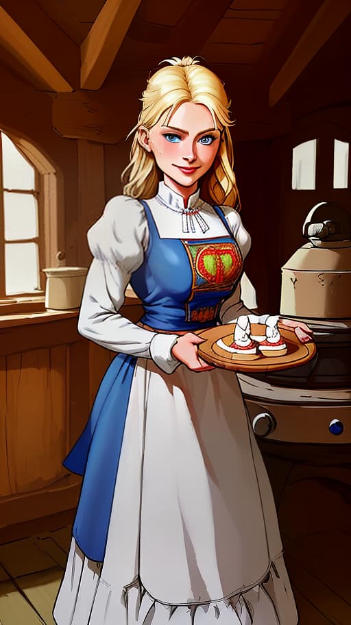  masterpiece, the best quality, a russian woman in traditional clothes prepares cakes in a stone oven, a very light smile, tense, piercing eyes, blue eyes, flowing blond hair, dressed in a traditional russian outfit, cooks in the open air, inside a wooden castle, against the background of an ancient russian throne room in a wooden castle, cartoon style, cute,