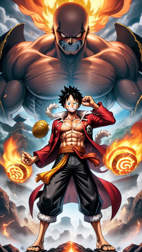  anime art of one piece, luffy in gear 5, crackling with energy, facing admiral akainu with magma fists, intense battlefield hyperrealistic, full body, detailed clothing, highly detailed, cinematic lighting, stunningly beautiful, intricate, sharp focus, f/1. 8, 85mm, (centered image composition), (professionally color graded), ((bright soft diffused light)), volumetric fog, trending on instagram, trending on tumblr, HDR 4K, 8K