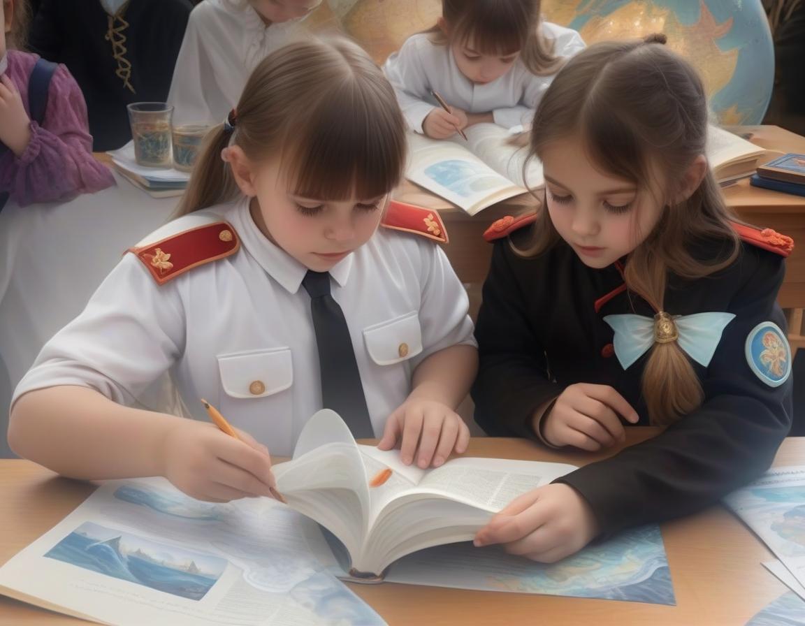  ethereal fantasy concept art of cute kids in cossack uniforms studying the globe . magnificent, celestial, ethereal, painterly, epic, majestic, magical, fantasy art, cover art, dreamy