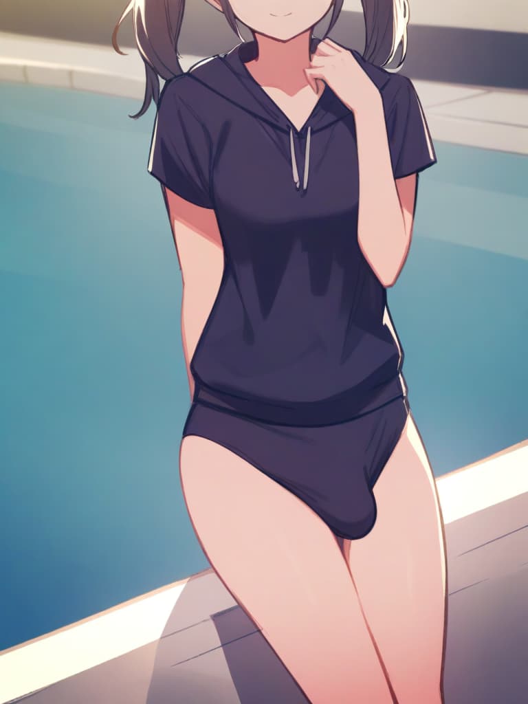  women's elementary students (male), twin tails, cute smiles, (rich s), low stature, dark blue swimwear, old swimwear, , simple, (upward), upward, (bulge), front, whole body, pool side ,,,