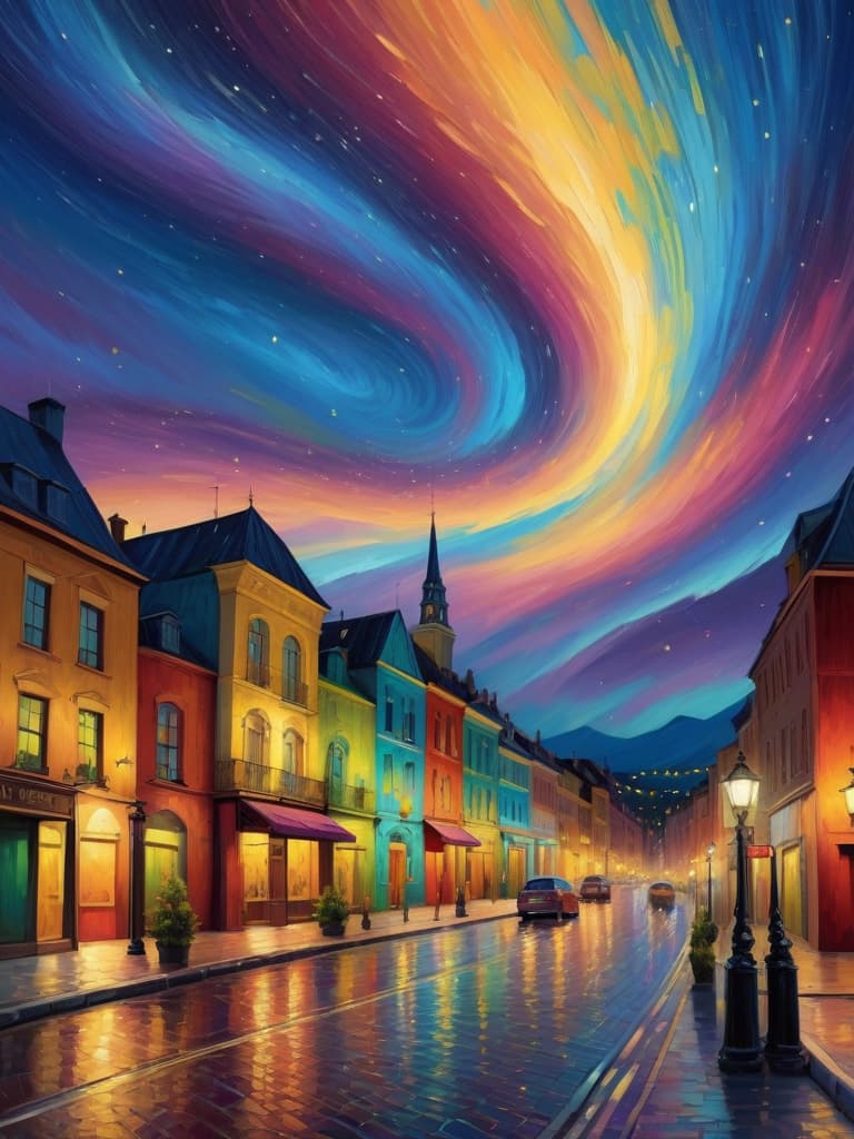  van gogh style, vibrant cityscape at night, glowing streetlights, dynamic brushstrokes, swirling sky, high contrast, bold colors, expressive atmosphere, oil painting texture, impressionistic city lights.