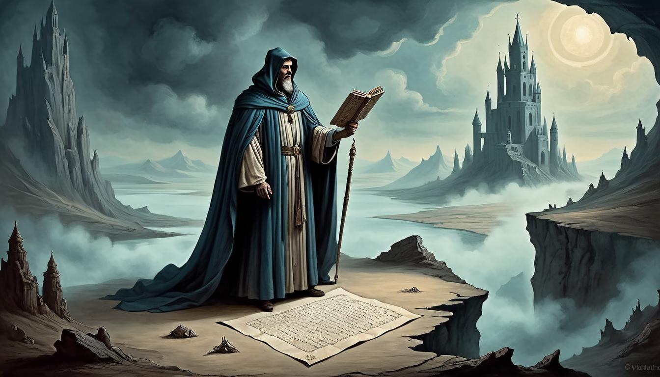  on parchment, surrealism+++, a robed figure holding an ancient scroll, standing at the edge of an abyss, decisive, chosen path(mysterious, provocative, symbolic,muted color)+++