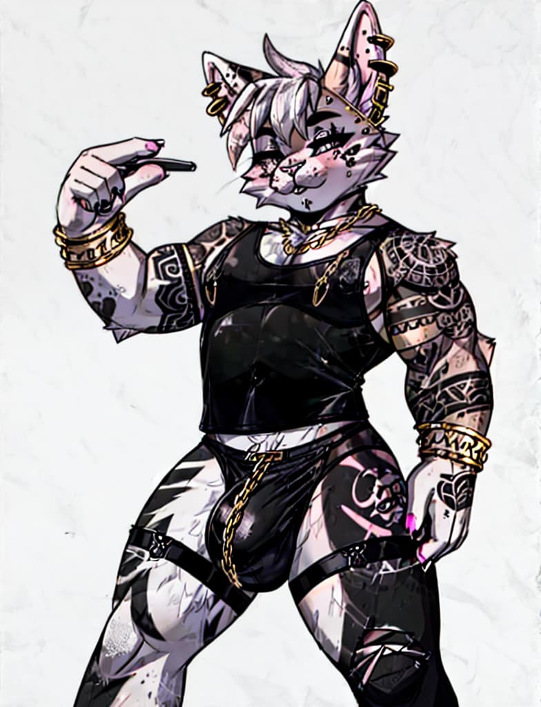  male white rabbit with lots of piercings and is wearing a gold chain, he is a male, he has tattoos on his arm. he has a giant bulge, wearing tighty whities and black tank top, open lingerie, wearing open lingerie