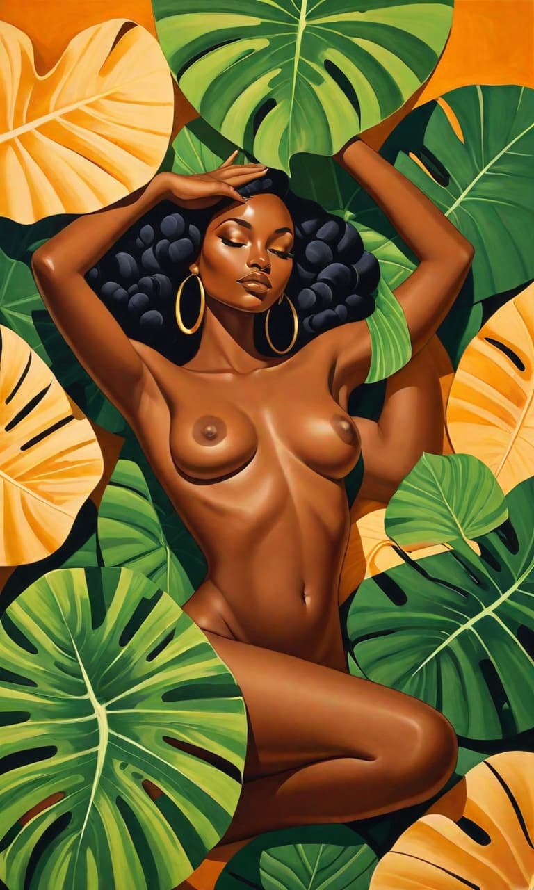  minimalism, painting of a beautiful black woman. she lays, surrounded elephant ear leaves. naked. she has brown legs. she has brown feet. she is in a divine pose., abstract, simple geometic shapes, hard edges, sleek contours, minimalism