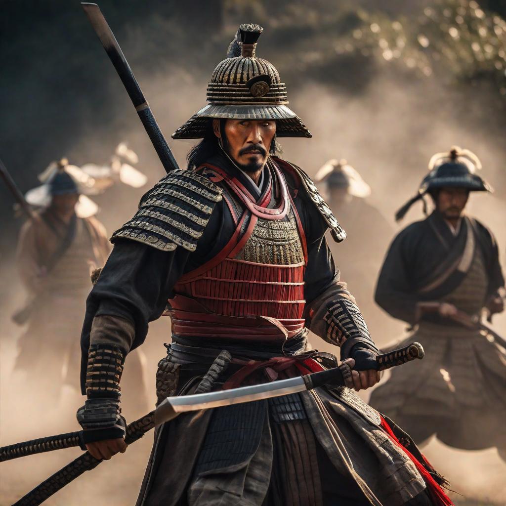  a powerful image of the samurai in battle, embodying honor and bravery, with the spirit visible in the background offering guidance. hyperrealistic, full body, detailed clothing, highly detailed, cinematic lighting, stunningly beautiful, intricate, sharp focus, f/1. 8, 85mm, (centered image composition), (professionally color graded), ((bright soft diffused light)), volumetric fog, trending on instagram, trending on tumblr, HDR 4K, 8K