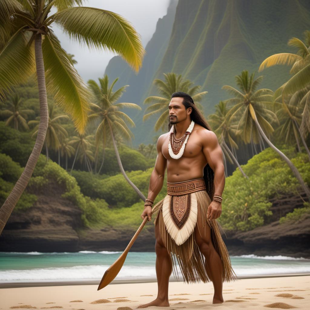  Sonny Olomua depicted in ancient Polynesian history. He is a member of a traditional Polynesian community. He is engaged in cultural practices, possibly wearing traditional attire made of tapa cloth and adorned with tattoos of cultural significance. The backdrop includes traditional Samoan huts (fale), with community members engaging in dance, storytelling, or tattooing ceremonies. The environment is lush with tropical flora, beautiful beaches, and traditional Polynesian canoes (vakas) by the shore. The scene captures the rich cultural heritage and community life of Polynesian history. hyperrealistic, full body, detailed clothing, highly detailed, cinematic lighting, stunningly beautiful, intricate, sharp focus, f/1. 8, 85mm, (centered image composition), (professionally color graded), ((bright soft diffused light)), volumetric fog, trending on instagram, trending on tumblr, HDR 4K, 8K