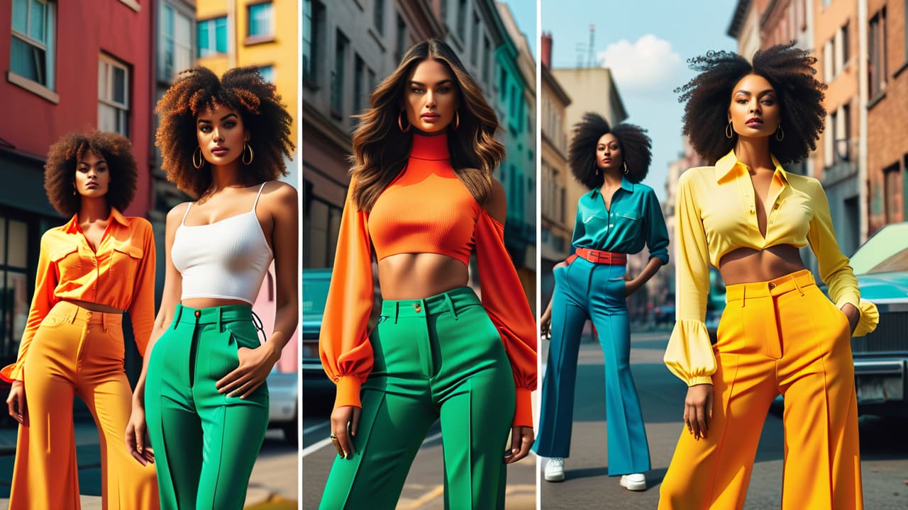  a vibrant collage showcasing 2024 fashion trends: bold colors, oversized silhouettes, and eco friendly materials, intertwined with vintage pieces like 70s bell bottoms and 90s grunge, set against a stylish urban backdrop. hyperrealistic, full body, detailed clothing, highly detailed, cinematic lighting, stunningly beautiful, intricate, sharp focus, f/1. 8, 85mm, (centered image composition), (professionally color graded), ((bright soft diffused light)), volumetric fog, trending on instagram, trending on tumblr, HDR 4K, 8K