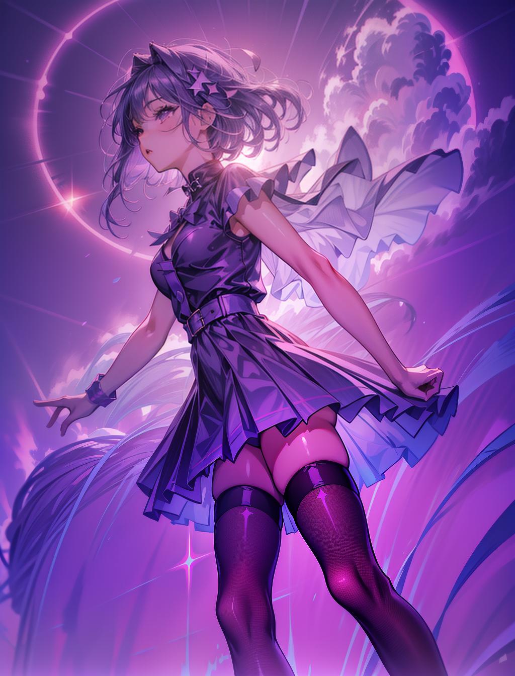  <lora:silhouette:1>, silhouette, solo, cloudy sky, sunset, masterpiece, best quality, solo, long purple hair, neon purple eyes, fishnet thigh highs, heels, bunny female outfit, red disco background, cuberpunk, curvy, full body