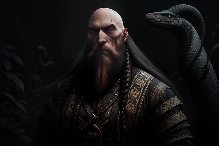  A bald man with a long beard 4 5 cm. in height. And a snake is slithering by with a human head and long hair., slate atmosphere, cinematic, dimmed colors, dark shot, muted colors, film grainy, lut, spooky hyperrealistic, full body, detailed clothing, highly detailed, cinematic lighting, stunningly beautiful, intricate, sharp focus, f/1. 8, 85mm, (centered image composition), (professionally color graded), ((bright soft diffused light)), volumetric fog, trending on instagram, trending on tumblr, HDR 4K, 8K