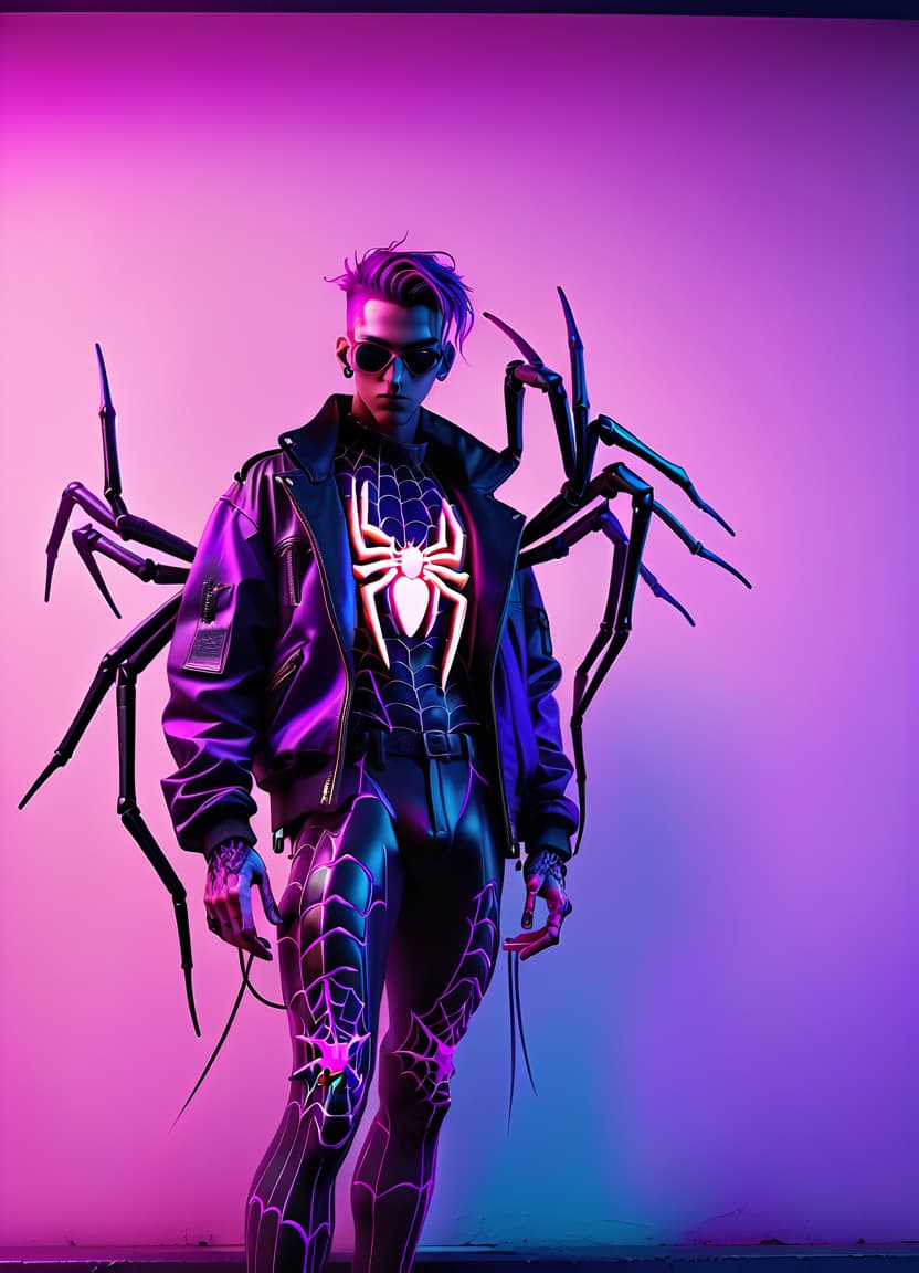  neonpunk style make him a spider body instead of his legs . cyberpunk, vaporwave, neon, vibes, vibrant, stunningly beautiful, crisp, detailed, sleek, ultramodern, magenta highlights, dark purple shadows, high contrast, cinematic, ultra detailed, intricate, professional