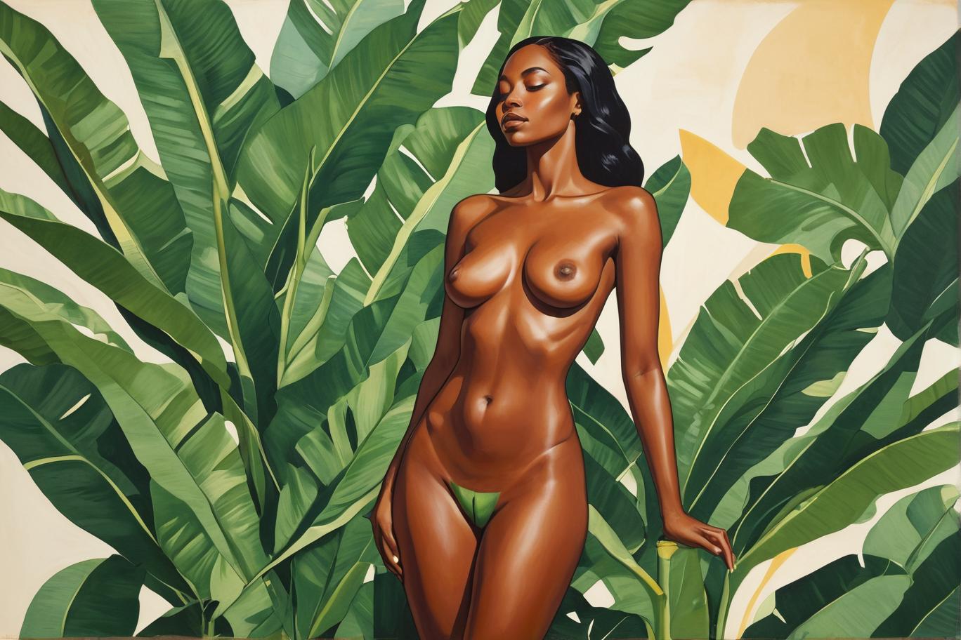  minimalism, a beautiful black woman surrounded by banana plant leaves. she is in a divine pose. their entire body. she is naked. semi minimalist painting, abstract, simple geometic shapes, hard edges, sleek contours, minimalism