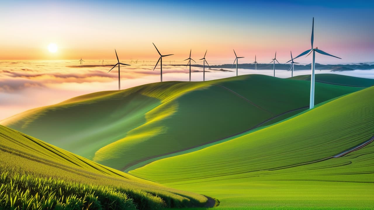  a vibrant landscape featuring a wind farm with tall turbines, solar panels glistening under the sun, and a serene lake reflecting lush green hills, all under a clear blue sky, symbolizing clean, sustainable energy. hyperrealistic, full body, detailed clothing, highly detailed, cinematic lighting, stunningly beautiful, intricate, sharp focus, f/1. 8, 85mm, (centered image composition), (professionally color graded), ((bright soft diffused light)), volumetric fog, trending on instagram, trending on tumblr, HDR 4K, 8K