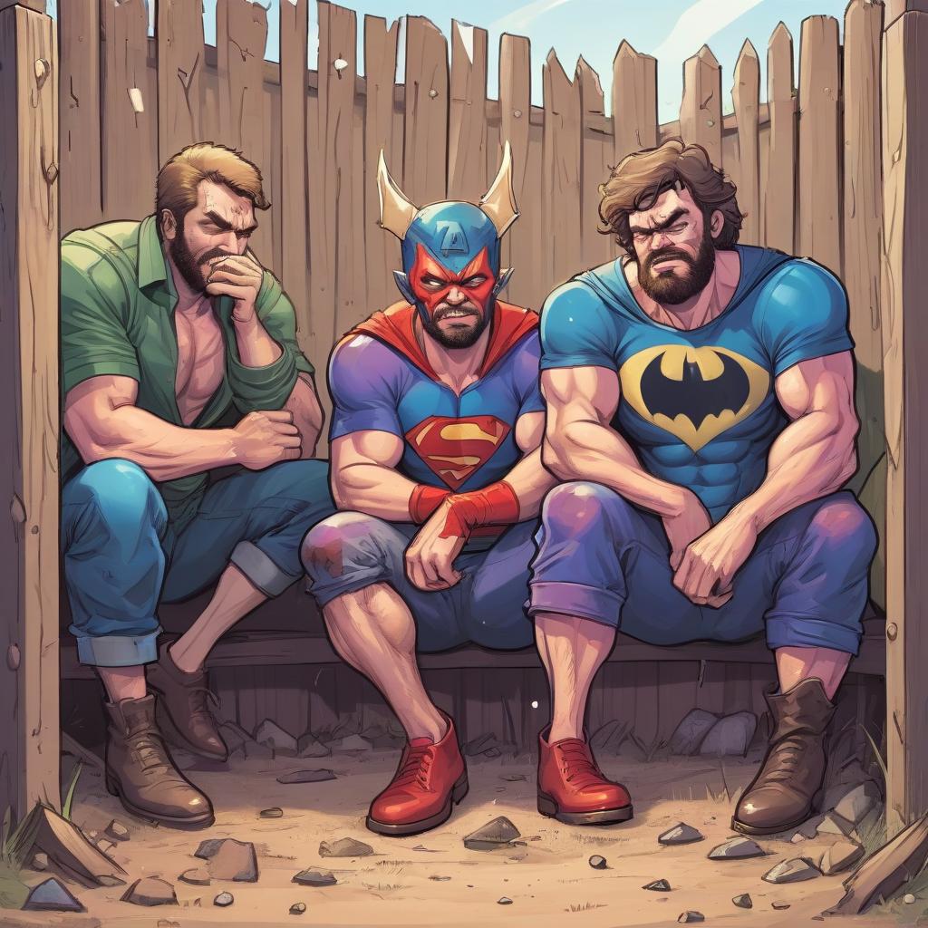  draw a colorful comic book, near a wooden fence on the ground lie three drunken men in torn clothes